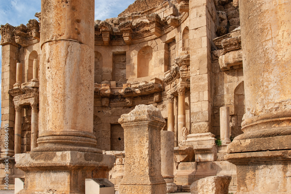 The Roman City of Gerasa (Jerash, Jordan) is ancient city with 6.5 thousand years old. Monumental two-tiered fountain of 2nd century AD. - Nymphaeum. Fountain is one of best preserved places of Gerasa