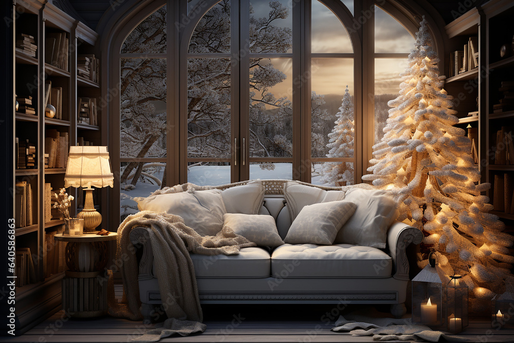 Generative AI - A cozy room in and old house decorated for Christmas and New Year celebration Generative AI - A cozy room in and old house decorated for Christmas and New Year celebration