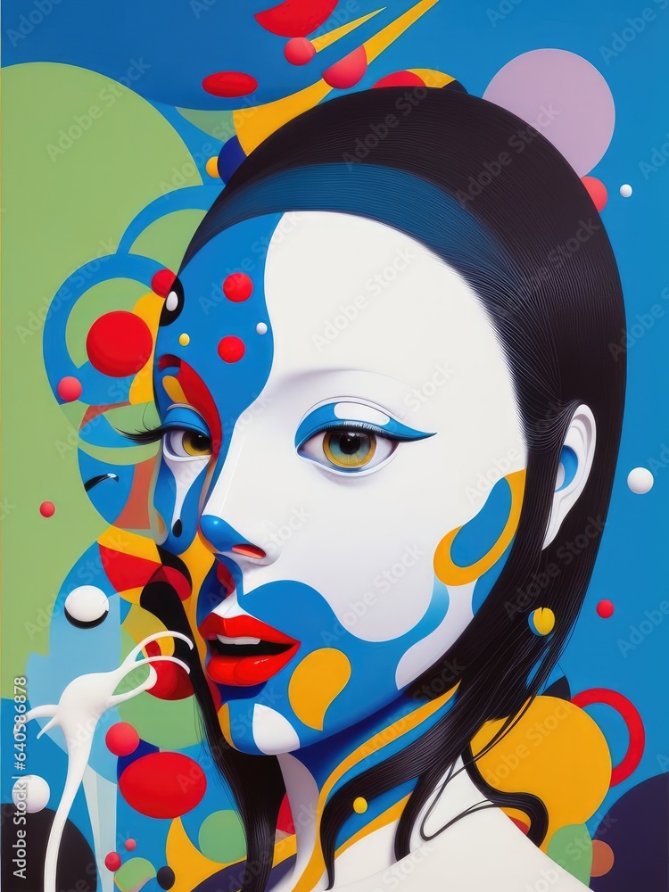 Naklejka premium Abstract painting. Face and geometric objects. Generative AI