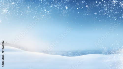 Winter Snow Background with Snowdrifts, Beautiful Light and Snowflakes on Blue Evening Sky, Banner Format, Copy Space, Generative AI © Cristiano