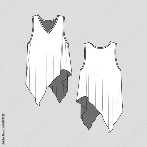 women asymmetrical hem fashion top v neck sleeveless vest  tank top t shirt  fashion tee  flat sketch drawing template design vector
