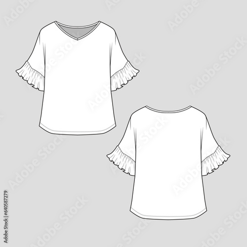 Women Kimono Ruffle Sleeve top Ruffles detail  V Neck t shirt blouse fashion tee cad  flat sketch technical drawing template design vector