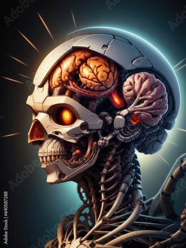 3D illustration. Cybernetic skull with brain. Generative AI
