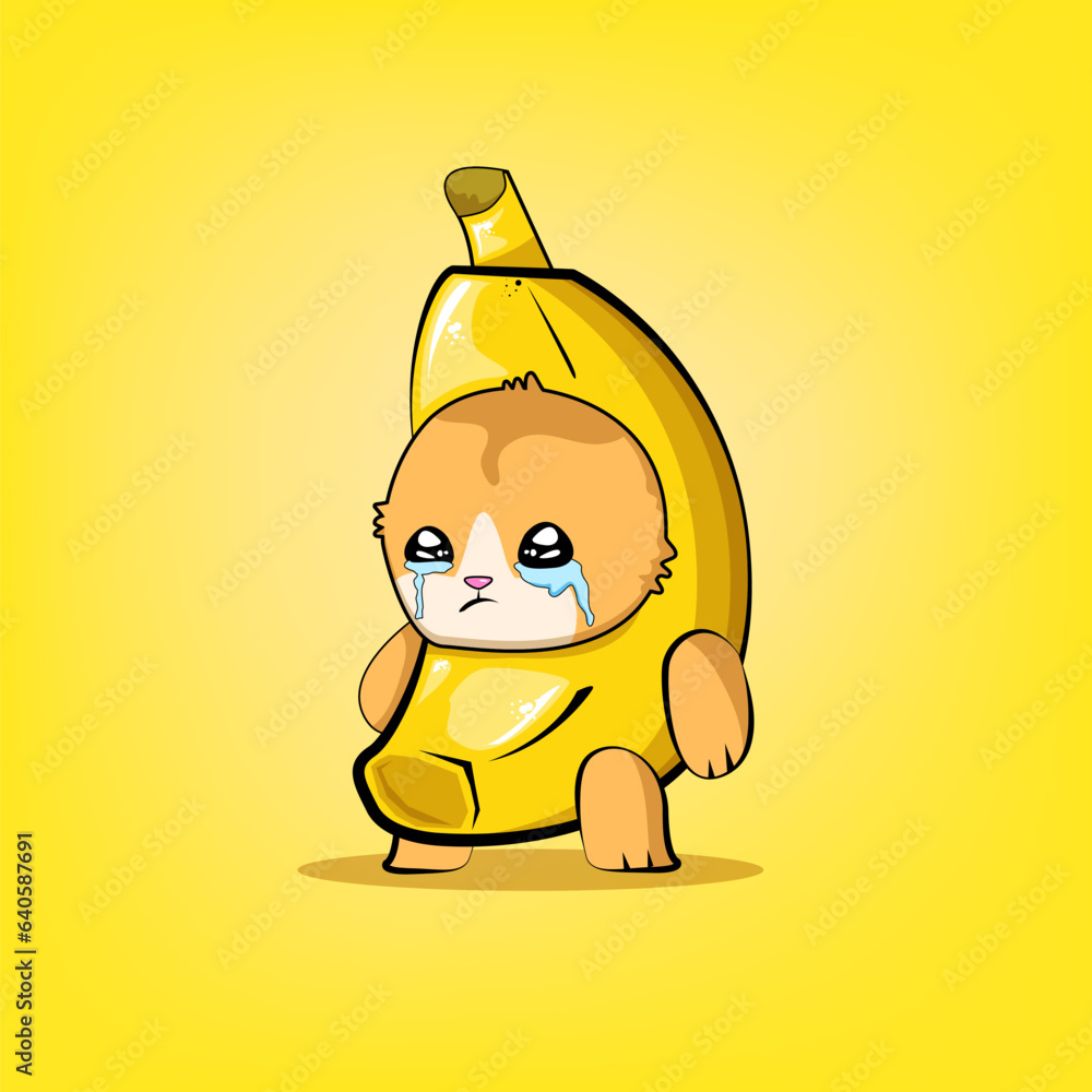 Banana Cat meme vector isolated on yellow background. Funky crying Sad