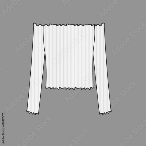 Women off shoulder Lettuce hem Ribbed Top long sleeve t shirt blouse flat sketch technical drawing template design vector