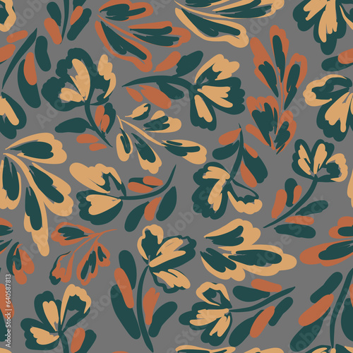 Seamless floral pattern with bright colorful flowers and leaves. Elegant template for fashion prints. Modern floral background. Fashionable folk style. Ethnic style. Ornament for clothes, accessories