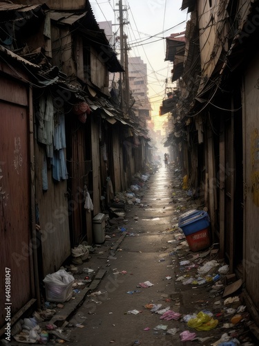 Street from the ghetto. Poor area. Generative AI © vavfoto
