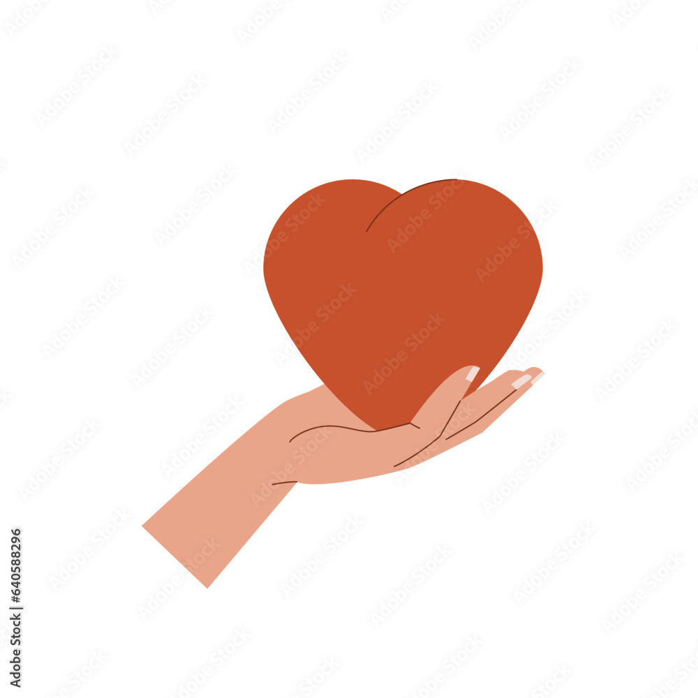 Womans hand hold red heart. Valentines day. Concept of sharing love, donating, care. Vector illustration in flat design Womans hand hold red heart. Valentines day. Concept of sharing love, donating, care. Vector illustration in flat design