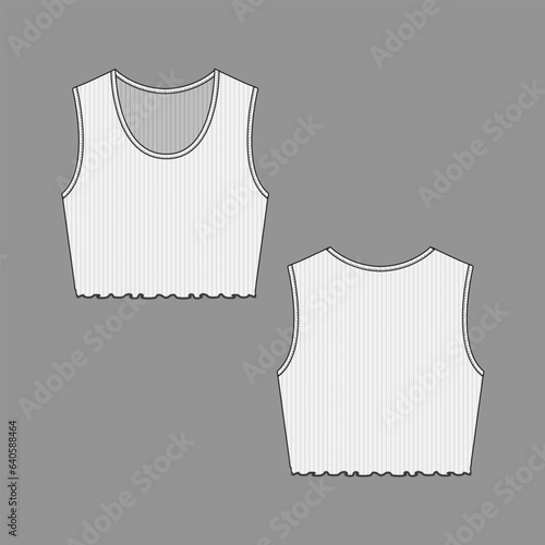 Women Ribbed sleeveless Lettuce hem Crop Top  round neck vest tank top t shirt blouse flat sketch technical drawing template design vector
