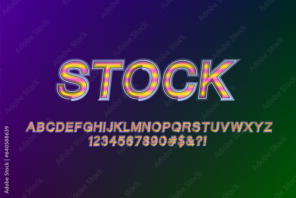 Stylish technicolor alphabet and numbers. Typography font style for graphic text design.