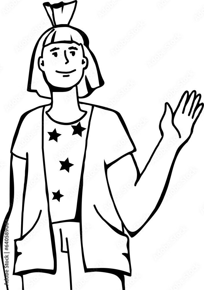 Young happy woman waving hand in greeting gesture, saying hello, line art or sketch style illustration isolated. Cheerful young woman or student saying hi. Young happy woman waving hand in greeting gesture, saying hello, line art or sketch style illustration isolated. Cheerful young woman or student saying hi.