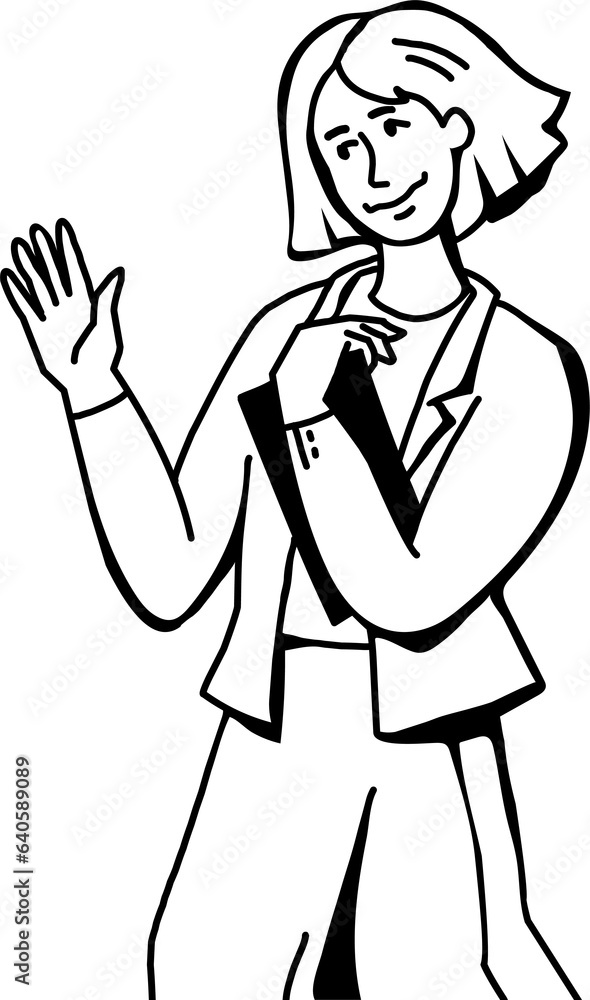 Young woman smiling waving hand in greeting gesture, line art or sketch style illustration. vector illustration isolated on white background. Cheerful young business woman or student saying hi. Young woman smiling waving hand in greeting gesture, line art or sketch style illustration. vector illustration isolated on white background. Cheerful young business woman or student saying hi.