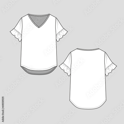 Women Ruffle Sleeve top high  low dip hem  Ruffles detail  V Neck t shirt blouse fashion tee  flat sketch technical drawing template design vector