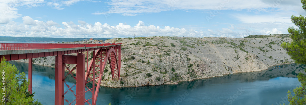 Fototapeta premium Red bridge Maslenica in Croatia, deck arch bridge over the Adriatic sea