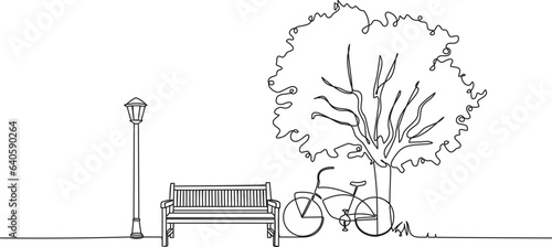 continuous single line drawing of bench under tree in public park, line art vector illustration