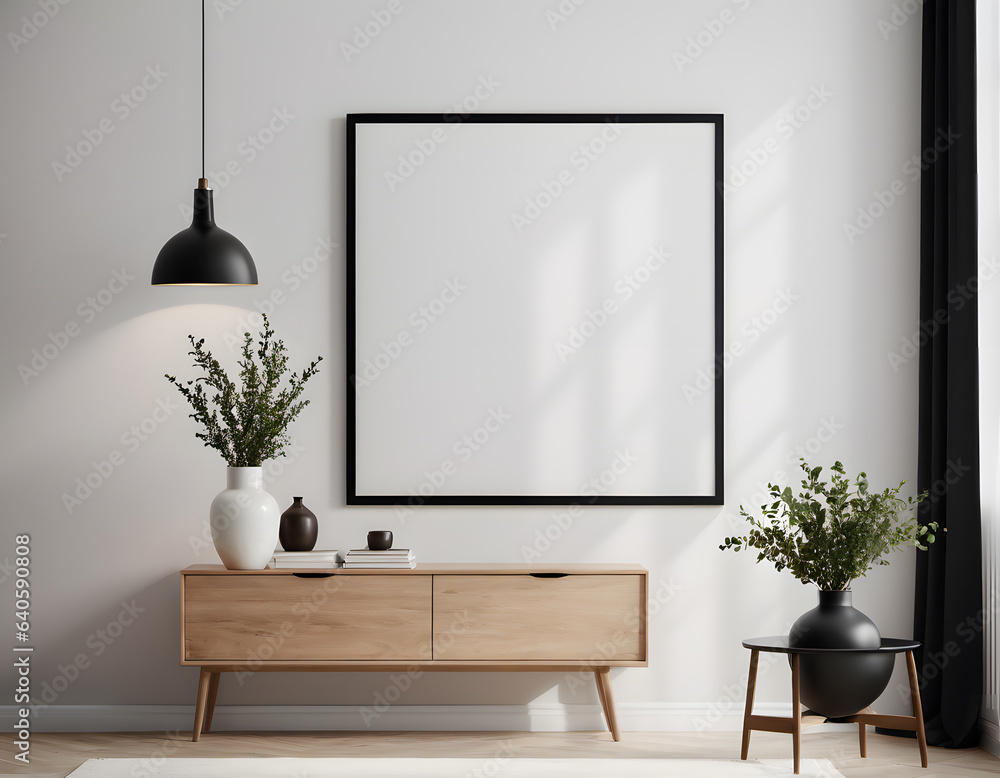 Black empty frame mockup on white wall in modern interior, Artwork ...