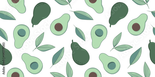 Seamless pattern with avocado and green leaves on white background