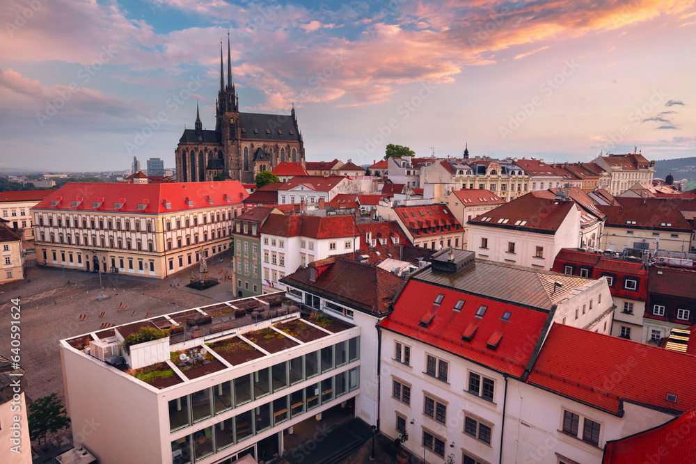 Brno, Czech Republic. Aerial cityscape image of Brno, second largest city in Czech Republic with the Cathedral of St. Peter and Paul at summer sunset.