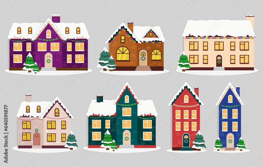 Set of Christmas colorful house with decorations