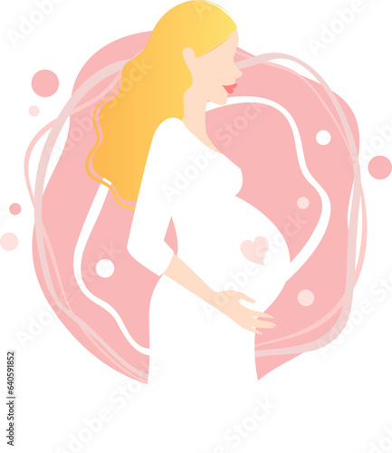 Modern faceless blonde pregnant woman with a pink abstract background