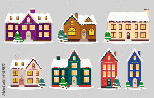 Set of Christmas colorful house with decorations