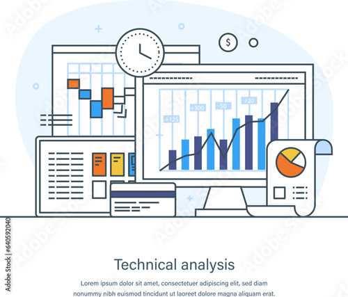 Technical analysis, financial investment, trading and stock market profit. Cryptocurrency, e-money, market transactions, analytics, increase and finance growth thin line design of vector doodles