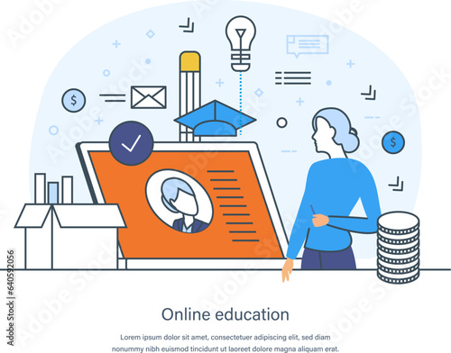 E-library, media book, e-book, digital online education concept. E-learning, home schooling, web course, tutorial. Literature, science and digital culture thin line design of vector doodles