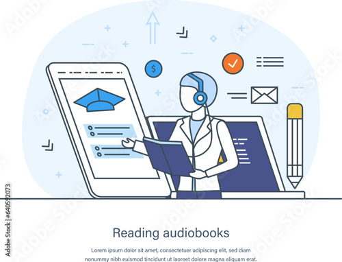 Reading audiobooks service, podcast, webinar, tutorial, educational course. Online audio book application, internet library. Woman in headphones listening to book thin line design of vector doodles
