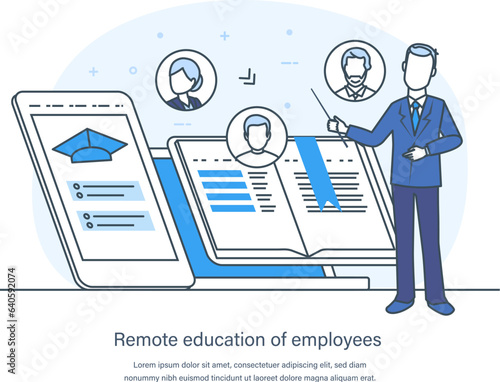 Remote education of employees, online training course, e-learning. Staff training, retraining, specialization, skills enhancement, upskilling qualification thin line design of vector doodles