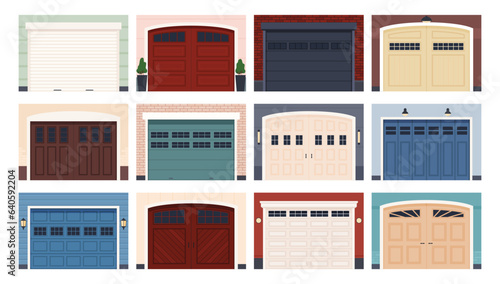 Various types of garage doors. Premises for keeping cars. Vector illustration