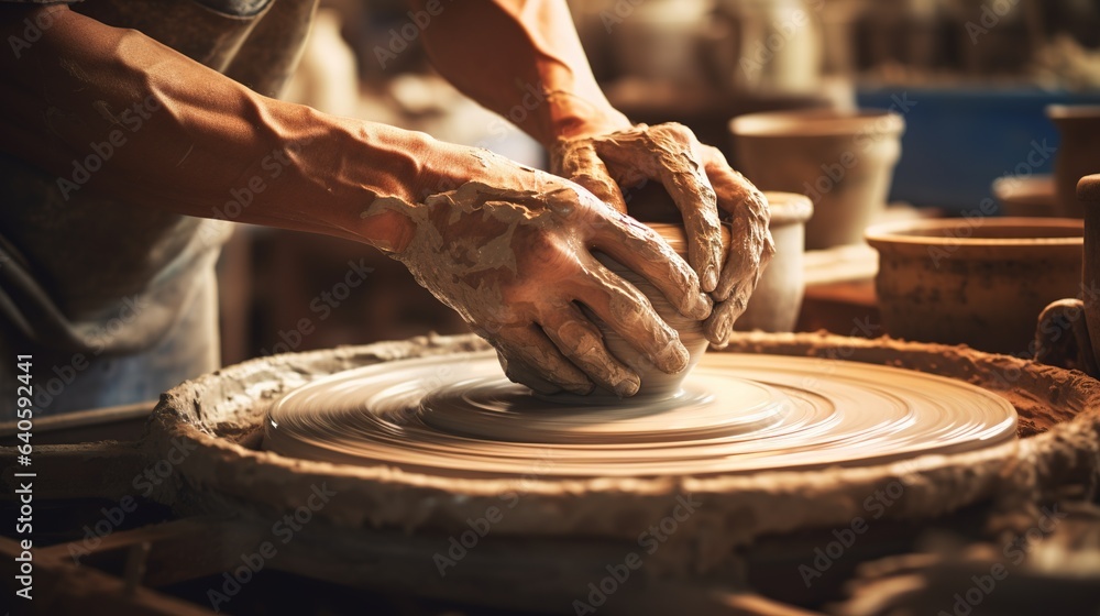Generative AI, hands with clay making of a ceramic pot in the pottery studio, hobby and leisure concept Generative AI, hands with clay making of a ceramic pot in the pottery studio, hobby and leisure concept