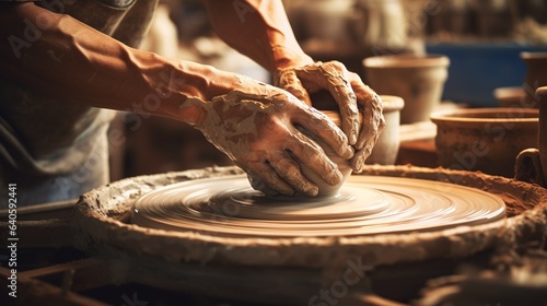 Generative AI, hands with clay making of a ceramic pot in the pottery studio, hobby and leisure concept