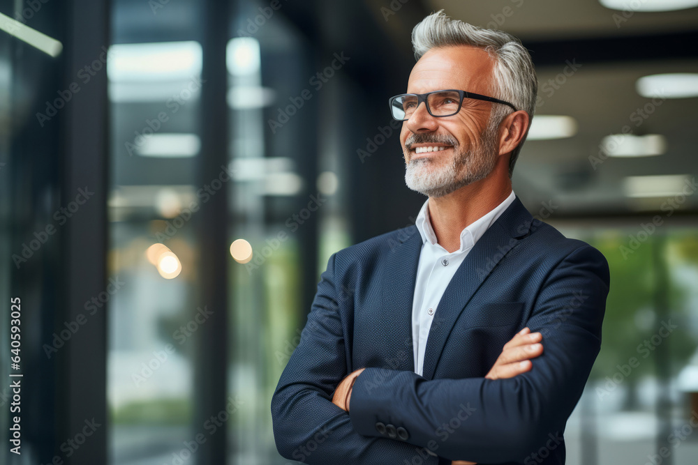 Happy proud prosperous mid aged mature professional business man ceo executive wearing suit standing in office arms crossed looking away thinking of success, leadership, side profile view Happy proud prosperous mid aged mature professional business man ceo executive wearing suit standing in office arms crossed looking away thinking of success, leadership, side profile view