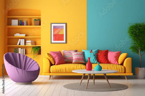 Bright multicolored modern living room interior with sofa, armchair and table © ribalka yuli
