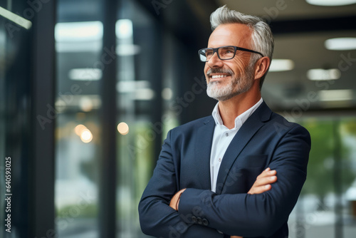 Happy proud prosperous mid aged mature professional business man ceo executive wearing suit standing in office arms crossed looking away thinking of success, leadership, side profile view