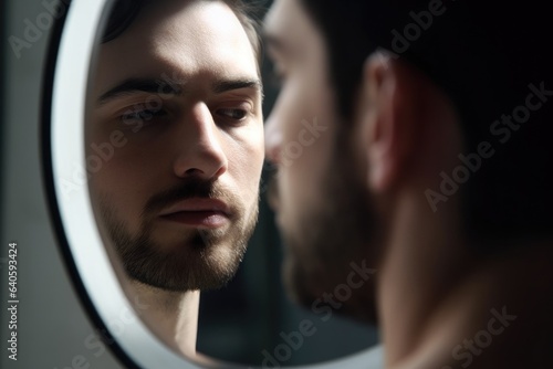 closeup shot of a person looking at their reflection in the mirror photo