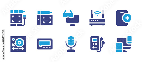 Device icon set. Duotone color. Vector illustration. Containing add, devices, router, mp, smart tv, microphone, tablet, vinyl, graphic tablet, pager.