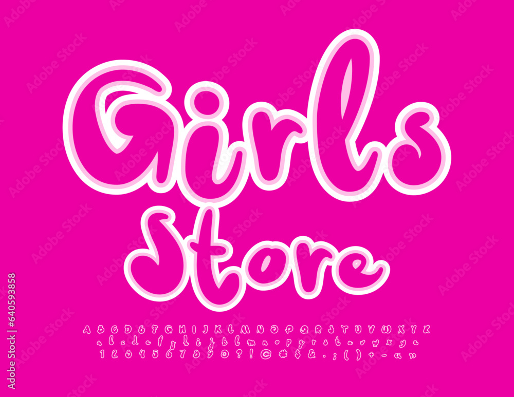 Vector funny Card Girls Store. Handwritten Pink Font. Bright Alphabet Letters and Numbers