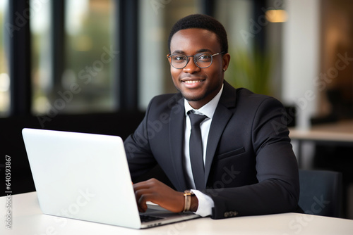 Young happy professional African American business man wearing suit eyeglasses working on laptop in office sitting at desk looking at camera, female company manager executive portrait at workplace
