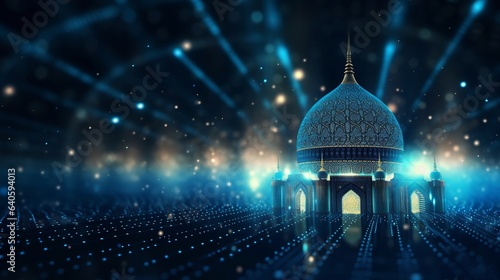Ramadan Kareem, Eid Mubarak, Mosque, illustration made by points and lines, polygonal wireframe mesh. Low poly Islamic mosque, Generative ai photo