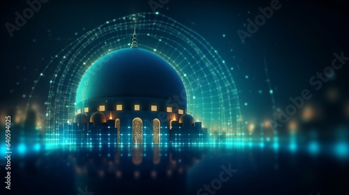 Ramadan Kareem, Eid Mubarak, Mosque, illustration made by points and lines, polygonal wireframe mesh. Low poly Islamic mosque, Generative ai