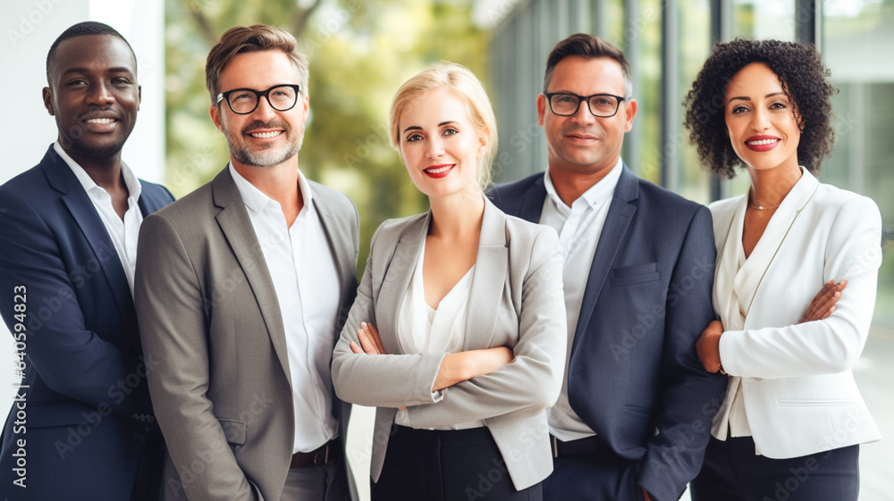Portrait of a diverse group business people standing together after a successful discussion in the office.
Portrait of a diverse group business people standing together after a successful discussion in the office.
