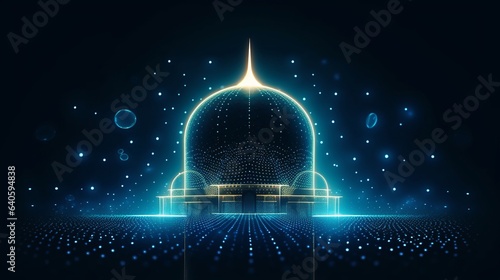 Ramadan Kareem, Eid Mubarak, Mosque, illustration made by points and lines, polygonal wireframe mesh. Low poly Islamic mosque, Generative ai