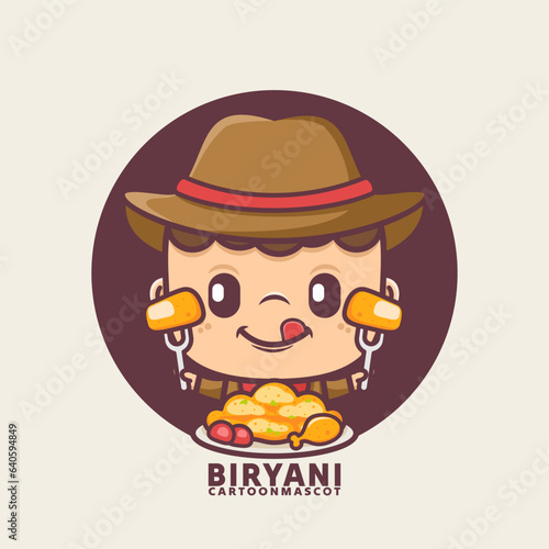 cute cartoon mascot with indian food biryani rice