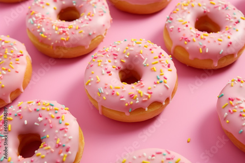 Pink donut pastries with colorful sugar sprinkles