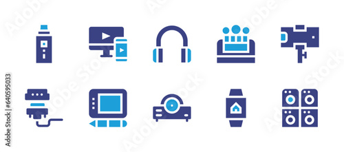 Device icon set. Duotone color. Vector illustration. Containing headphones, projector, responsive, graphic tablet, nicotine, vga cable, bubble, smartwatch, selfie stick, washer machine.