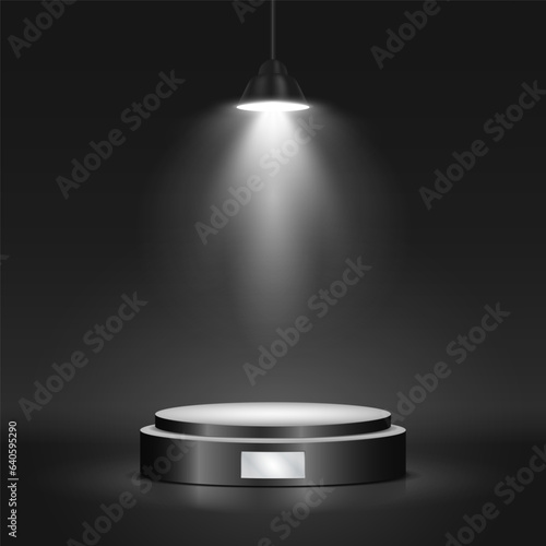 Round podium illuminated by spotlights. Empty pedestal for award ceremony or presentation. Vector illustration.