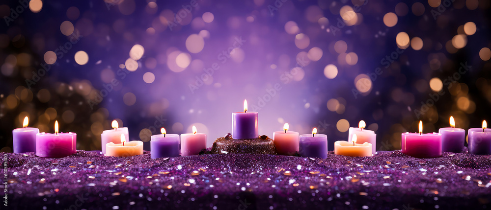 Purple Christmas composition with candles, decoration, lights, bokeh. Merry Christmas and New Year background. Holidays purple template. Generative ai - obrazy, fototapety, plakaty 