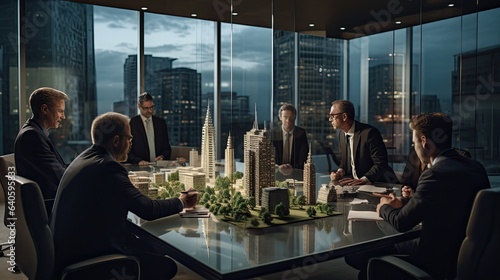 An intense boardroom negotiation scene, with diverse stakeholders deliberating over a scale model of a new project photo