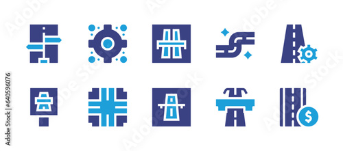 Road icon set. Duotone color. Vector illustration. Containing way, toll road, sign, roundabout, highway, crossing, motorway, settings.